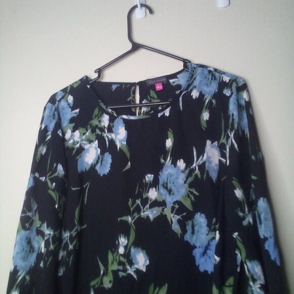 Vince Camuto Blouse Shirt L Women 3/4 Bell Sleeve Floral Black Blue - Picture 9 of 16